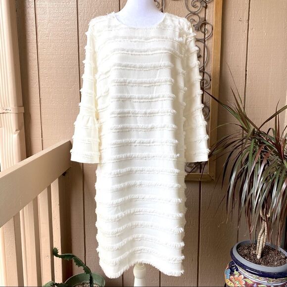 ALFANI IVORY TIERED FRINGE BELL SLEEVE SHIFT DRESS 14 NEW - Picture 12 of 15